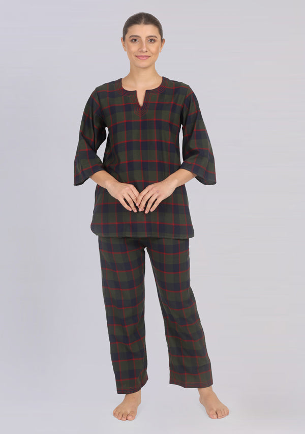 Flannel Green Red Check Night Suit With Trimmings