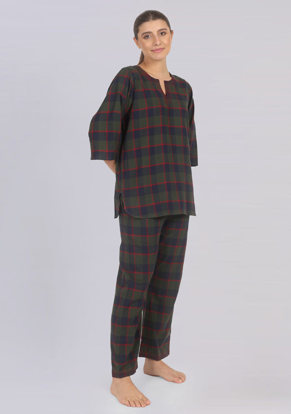 Flannel Green Red Check Night Suit With Trimmings