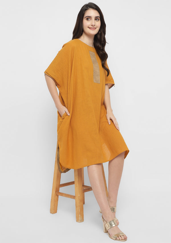 Mustard Cotton Block Dress with Gold Embellishments