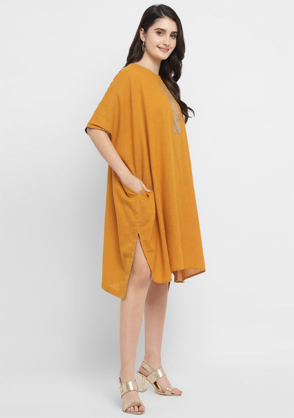 Mustard Cotton Block Dress with Gold Embellishments