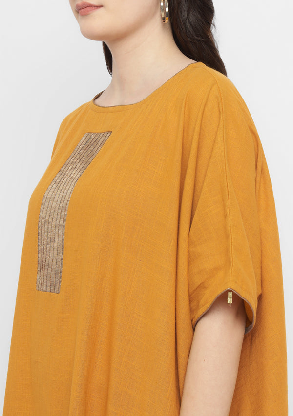 Mustard Cotton Block Dress with Gold Embellishments